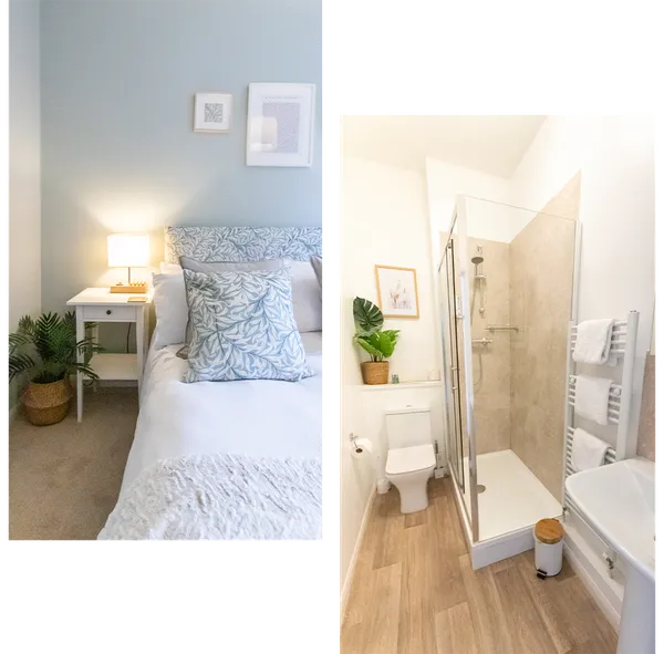 A photo of a double bed, and a photo of the bathroom