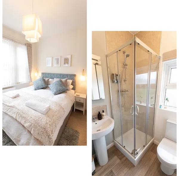 Photo of the double bed and bathroom in the King suite at Poole Park House