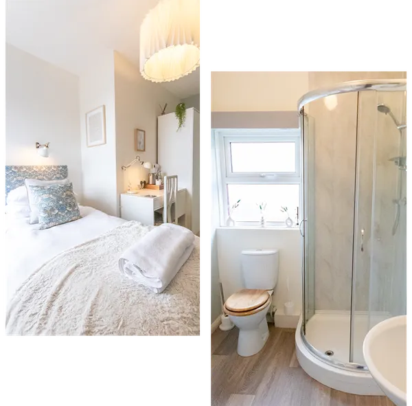 A photo of a towel on a bed, and a photo of the bathroom