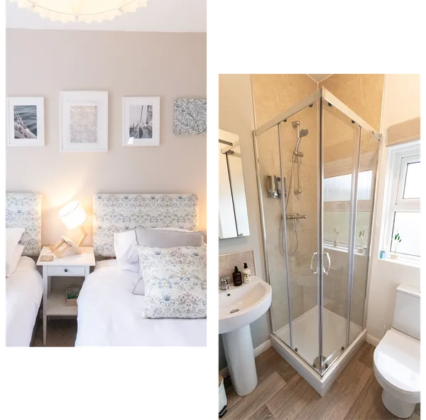 Twin beds and a photo of the bathroom at Poole Park House